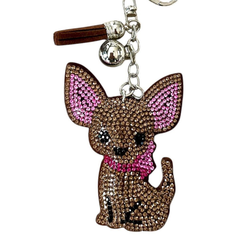 Cute Cartoon Tan Chihuahua Keychain Rhinestone Pet Dog Key Chain